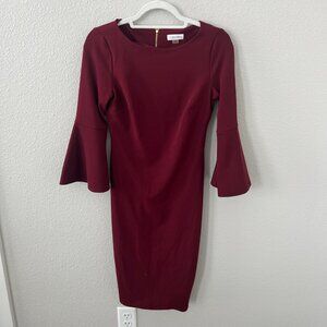 Calvin Klein 3/4 Bell Sleeve Boat Neck Sheath Red Dress